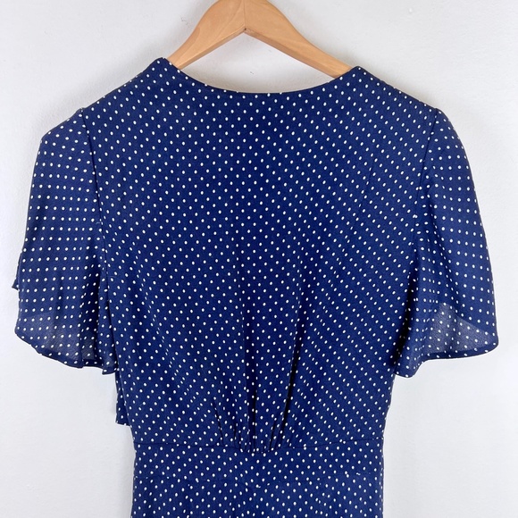 Leith Womens Tie Front Jumpsuit Small Navy Blue White Polka Dot Short Sleeve - Picture 8 of 9